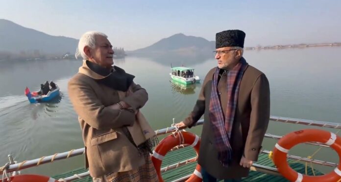 Vice-President of India C P Radhakrishnan and Lieutenant Governor Manoj Sinha at Dal Lake