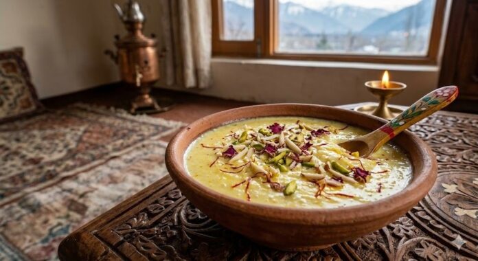 Golden-hued Kashmiri Pherni in a clay bowl, delicately garnished with dry fruits — a sweet symbol of warmth and togetherness during Ramadan