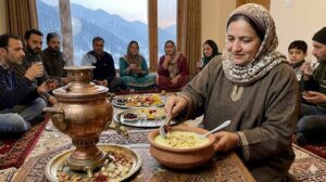 A bowl of saffron-infused Kashmiri Pherni garnished with almonds and pistachios, served chilled as a comforting and traditional Ramadan dessert.
